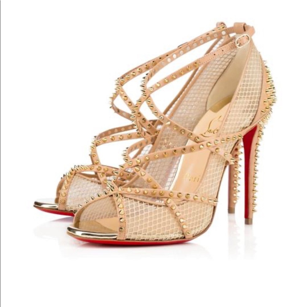 Christian Louboutin Gold Alarc mini spike mesh red sole heel sandal